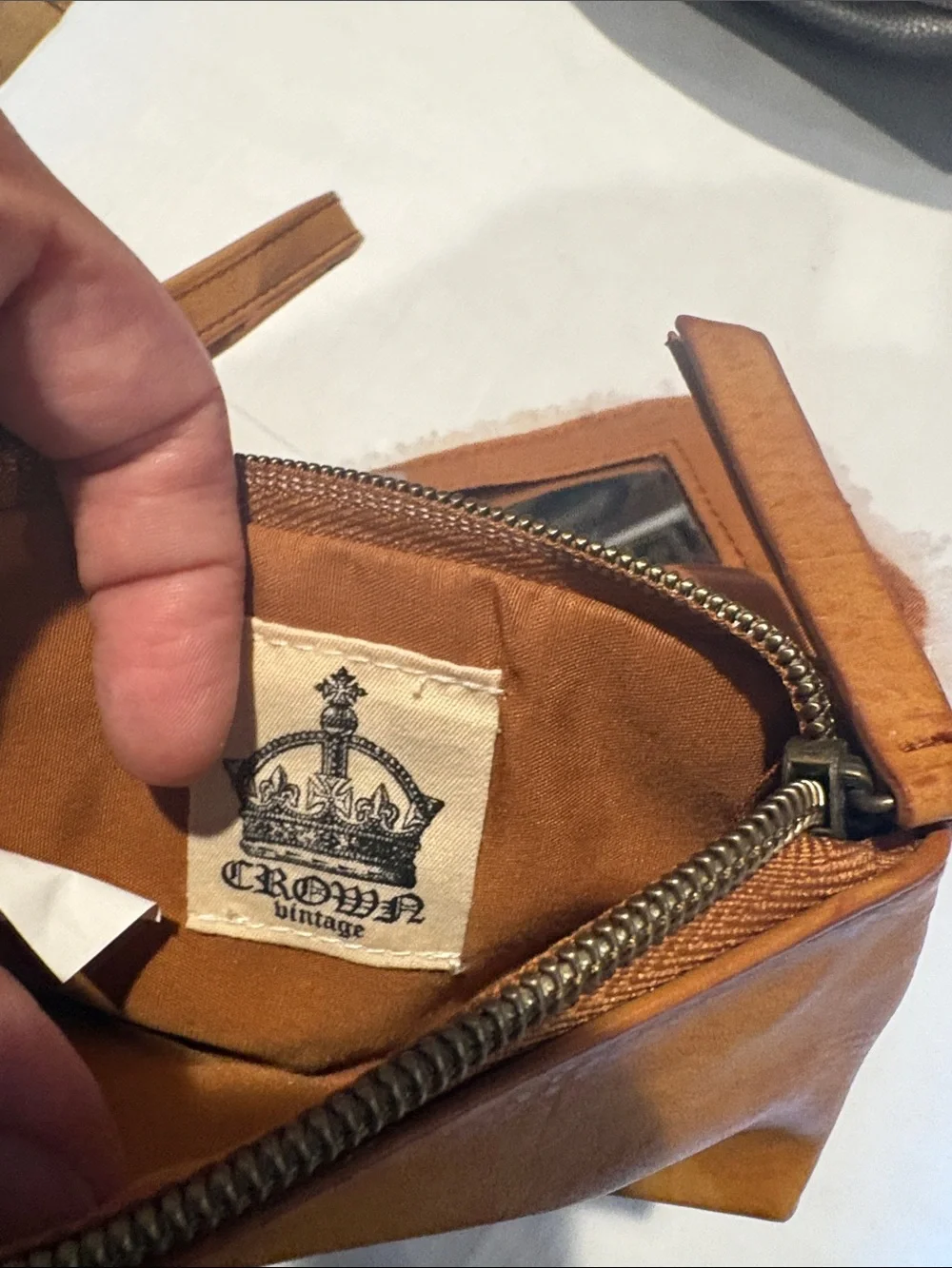 Shearling-Trim Wristlet Pouch in Camel and Cream